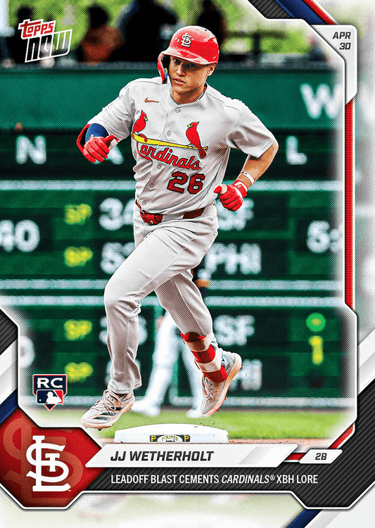 St. Louis Cardinals player number 26 running bases in gray uniform on Topps Now baseball card with April 30 date.