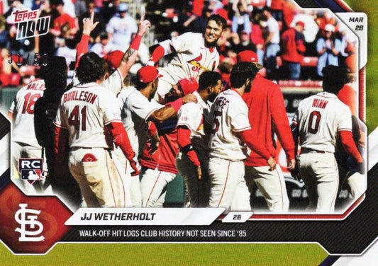 2026 Topps Now baseball card showing JJ Wetherholt walk-off hit celebration with St. Louis Cardinals teammates in dugout.