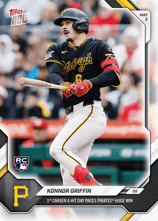 Konnor Griffin in Pittsburgh Pirates black jersey mid-swing during game, Topps Now baseball card with May 2 date and rookie designation.