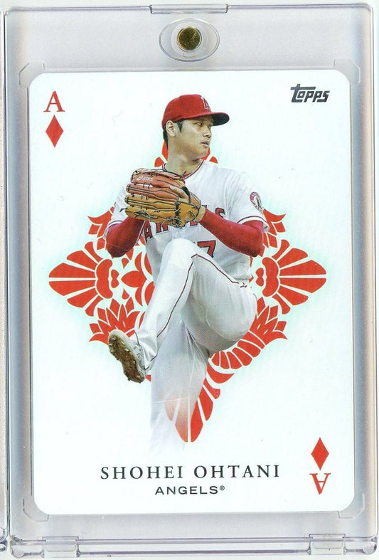 2023 Topps Shohei Ohtani Angels baseball card in clear plastic case, showing pitcher in red uniform on Ace of Diamonds design.