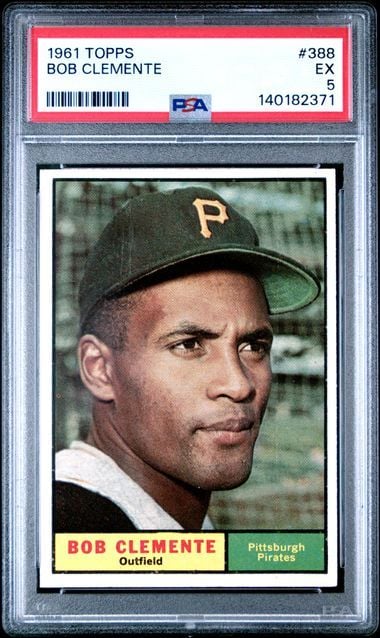 PSA-graded 1961 Topps baseball card #388 featuring Bob Clemente in Pittsburgh Pirates uniform with colored borders and text.