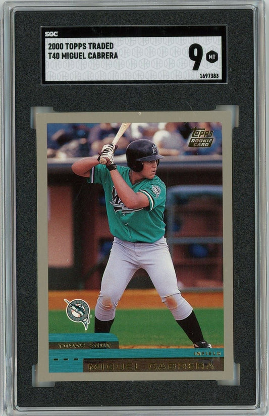 SGC-graded 2000 Topps Traded T40 Miguel Cabrera rookie card in clear holder showing player in green uniform at bat.
