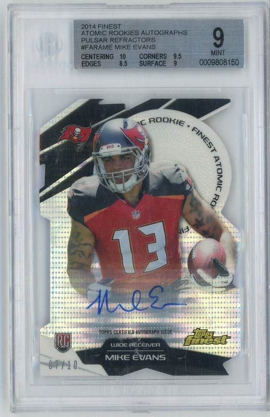 BGS 9 graded 2014 Topps Finest Mike Evans rookie card in plastic slab showing player in red Buccaneers uniform with blue autograph.