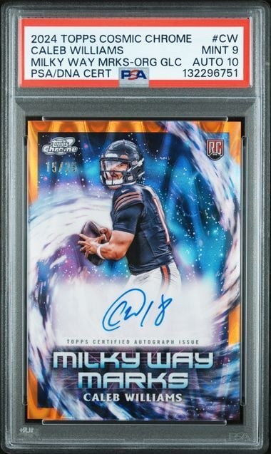 PSA-graded 2024 Topps Cosmic Chrome Caleb Williams rookie card in protective case, showing autographed football player in blue uniform against cosmic blue and purple background.