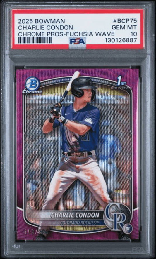 PSA-graded baseball card in clear protective case showing Charlie Condon in batting stance on fuchsia-bordered card with grading label visible.