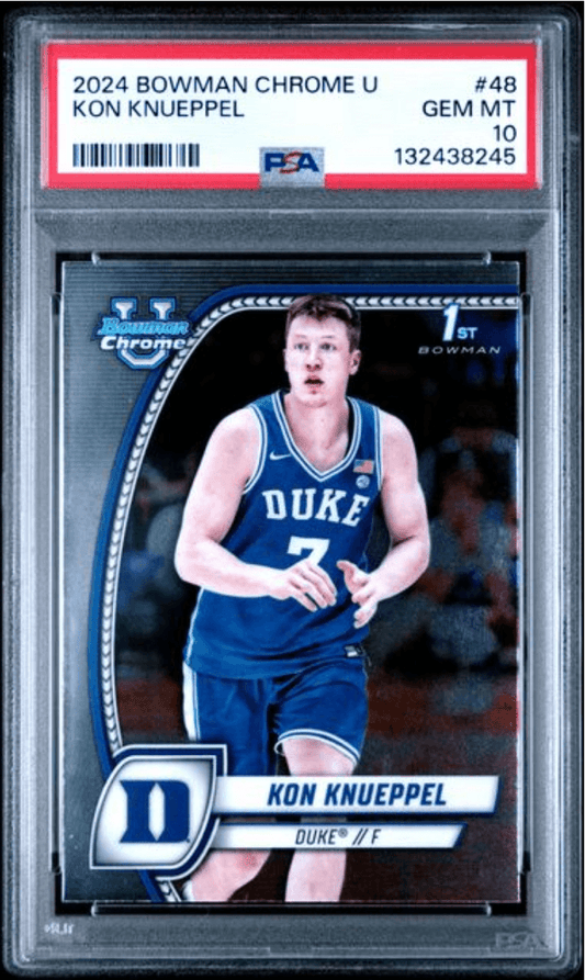 PSA-graded 2024 Bowman Chrome card featuring Kon Knueppel in Duke blue jersey, encased in protective holder with red label.