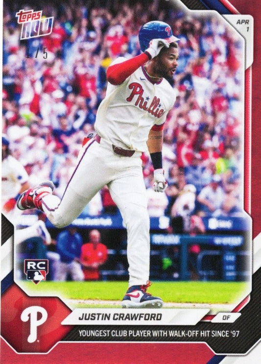 2026 Topps Now baseball card showing Justin Crawford running bases in Philadelphia Phillies white uniform with red foil finish.