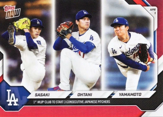 Front of red foil baseball card showing three Japanese pitchers in Dodgers uniforms with names Sasaki, Ohtani, Yamamoto and historic achievement text.