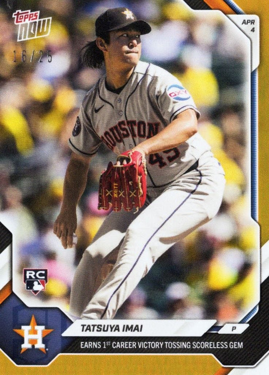 Tatsuya Imai mid-pitch in Houston Astros gray uniform with red glove, Topps Now baseball card with orange foil border and RC logo.