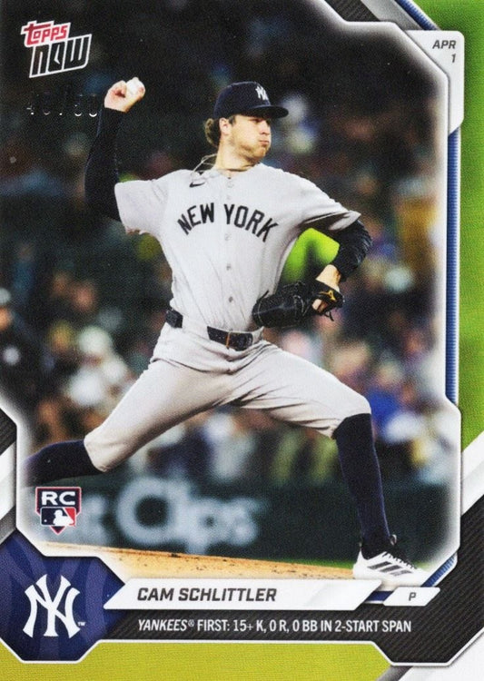 Cam Schlittler in mid-pitch wearing New York Yankees gray uniform on 2026 Topps Now rookie baseball card.