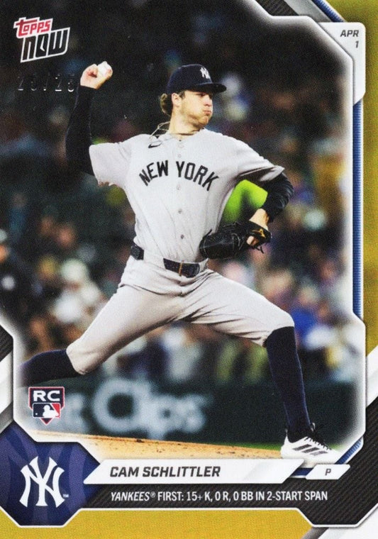 Cam Schlittler baseball card showing pitcher mid-delivery in New York Yankees gray uniform against blurred stadium background.