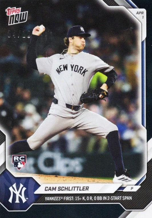 Cam Schlittler mid-pitch in Yankees gray uniform, card front showing rookie designation and statistics text.