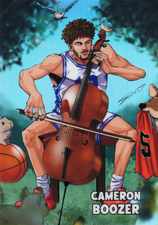 Illustrated anime-style portrait of Cameron Boozer in purple and white basketball uniform playing cello, surrounded by birds and sports equipment against blue sky background.
