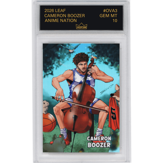 Front of graded trading card showing anime illustration of muscular man playing cello in athletic wear surrounded by flying birds and sports equipment against blue-green background.