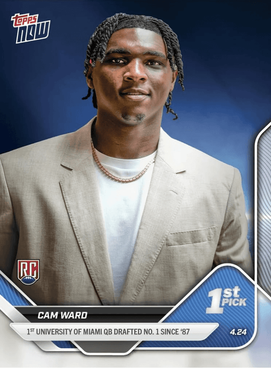 Cam Ward portrait on 2025 Topps Now rookie card showing beige blazer, white shirt, and beaded necklace against blue background with draft pick badge.
