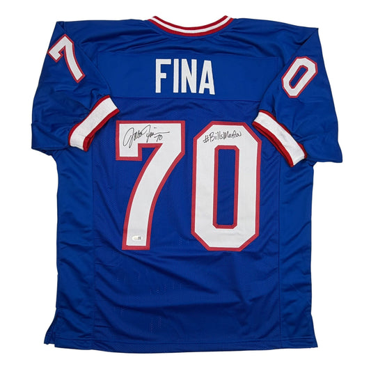 Back view of blue Buffalo Bills football jersey number 70 with "FINA" nameplate and autographed signatures.