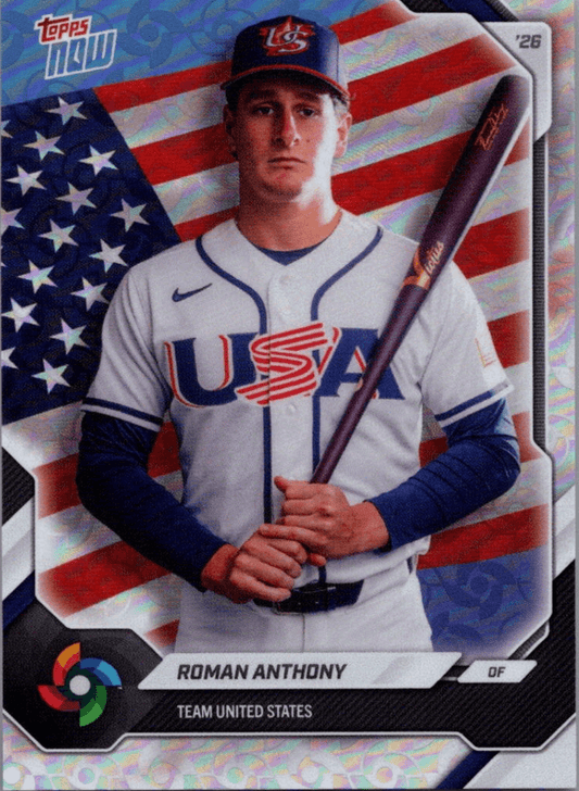 Roman Anthony in Team USA white baseball uniform holding bat against American flag background on holographic refractor baseball card.