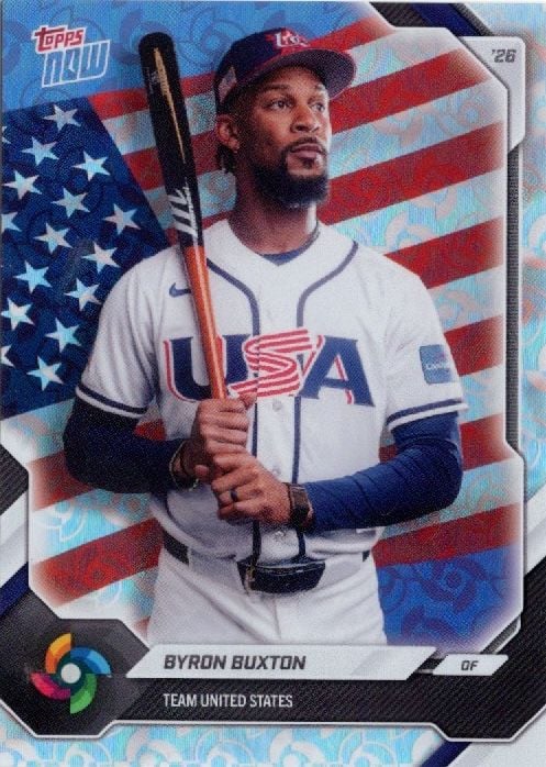 Byron Buxton in Team USA white jersey holding bat against American flag background on baseball card.
