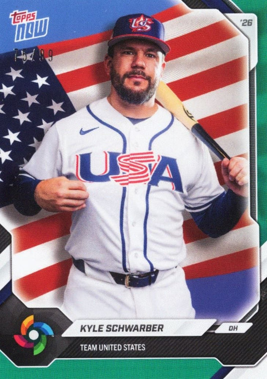Kyle Schwarber wearing Team USA white baseball jersey holds bat against American flag background on baseball card.