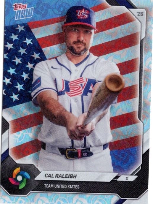 Cal Raleigh in Team USA uniform holding baseball bat against American flag background on 2026 Topps Now WBC card.
