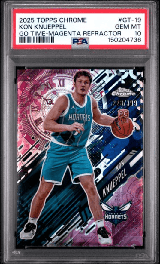 PSA-graded basketball card in clear plastic holder showing Kon Knueppel in teal Hornets jersey against magenta and blue refractor background.