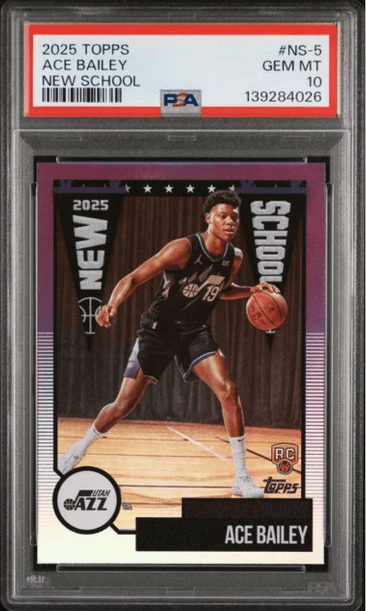 PSA-graded 2025 Topps New School basketball card featuring Ace Bailey in Utah Jazz uniform, purple and black design with card number NS-5.