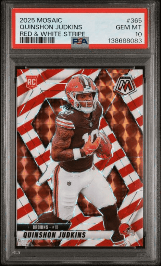 PSA-graded rookie card displaying Quinshon Judkins in Cleveland Browns uniform against red and white striped background design.
