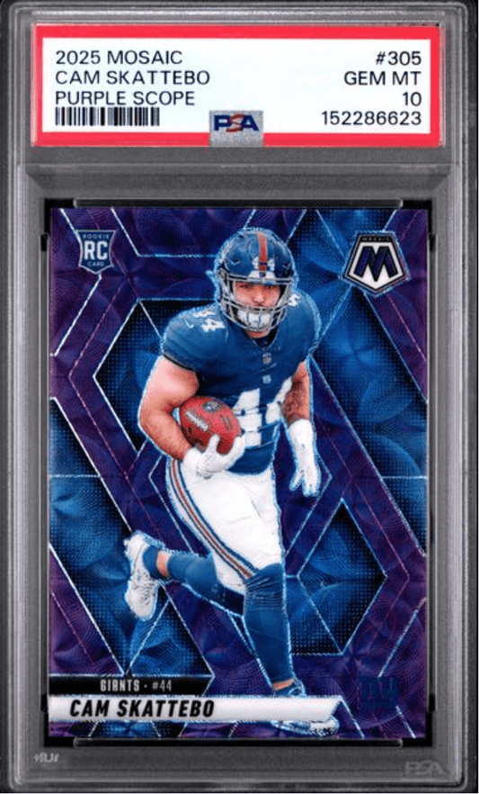 PSA-graded trading card in clear plastic case showing football player Cam Skattebo in New York Giants uniform holding red ball against purple geometric background.