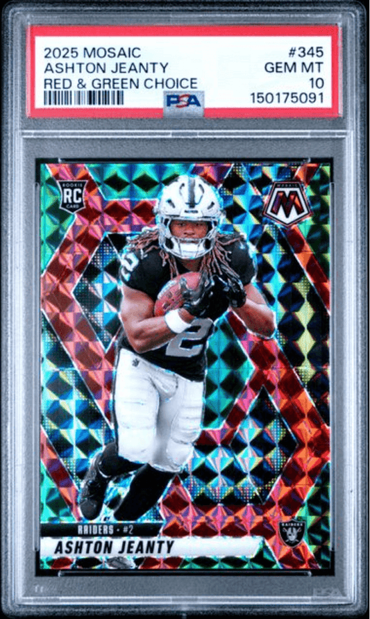 PSA-graded 2025 Mosaic Ashton Jeanty rookie card in clear protective holder showing colorful red and green diamond pattern background with player photo and Raiders uniform.