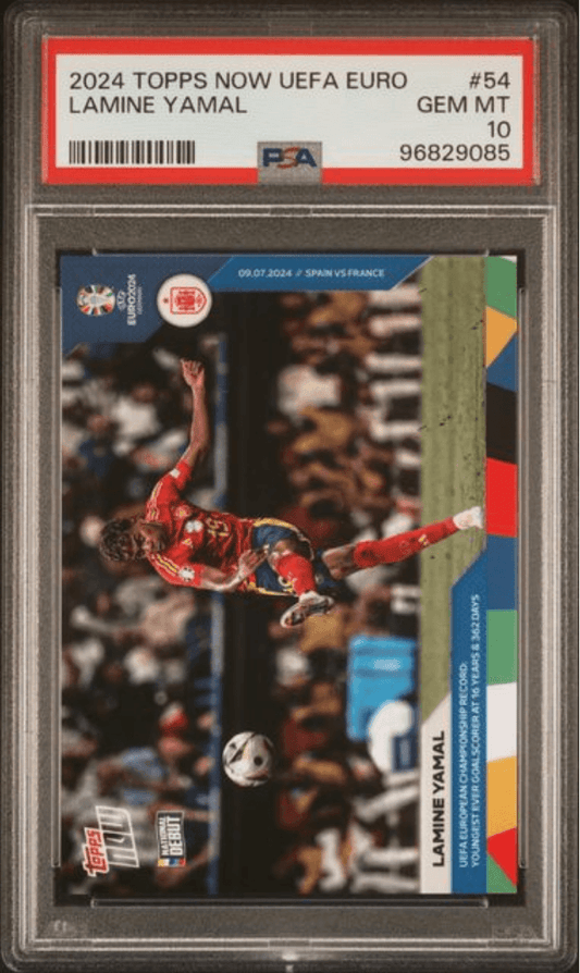 PSA-graded trading card in clear case showing Lamine Yamal in red Spain kit performing overhead kick against blurred crowd background.
