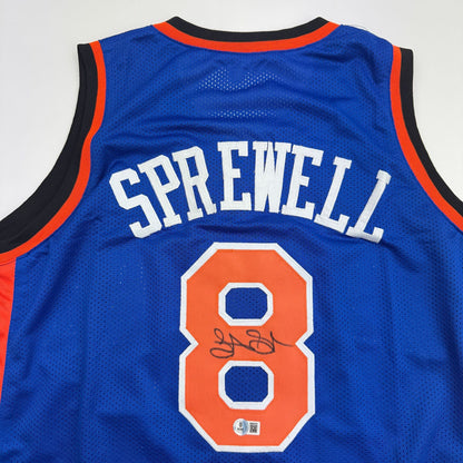 Autographed/Signed Latrell Sprewell New York Blue Basketball Jersey Beckett BAS COA