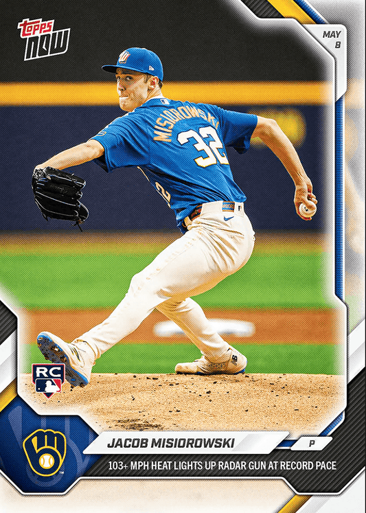 Baseball card front showing pitcher Jacob Misiorowski mid-delivery in blue Milwaukee Brewers uniform against green field background.