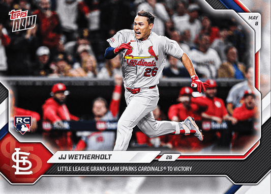 St. Louis Cardinals player JJ Wetherholt running bases in gray uniform on Topps Now baseball card with red team logo and white text.