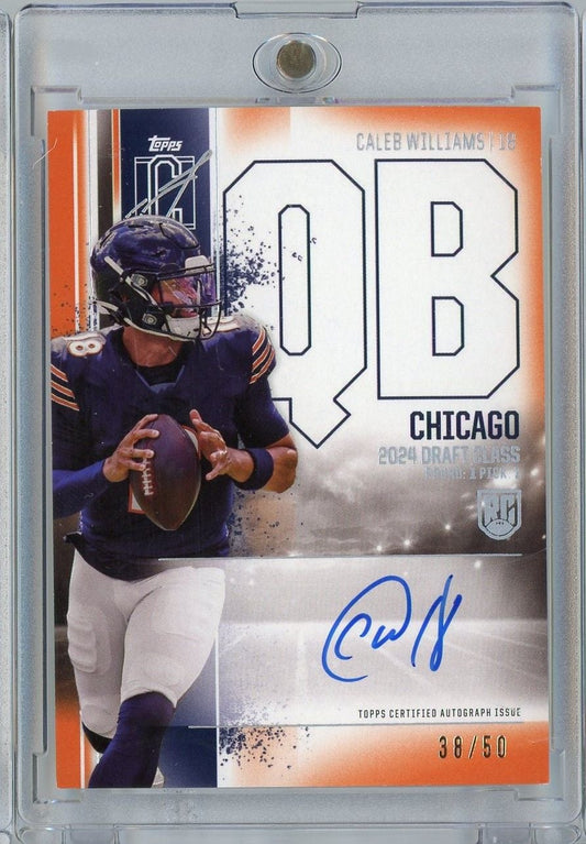 Graded football card showing Caleb Williams in Chicago Bears uniform holding football, with orange border, large "QB" designation, autograph, and "38/50" serial number visible.
