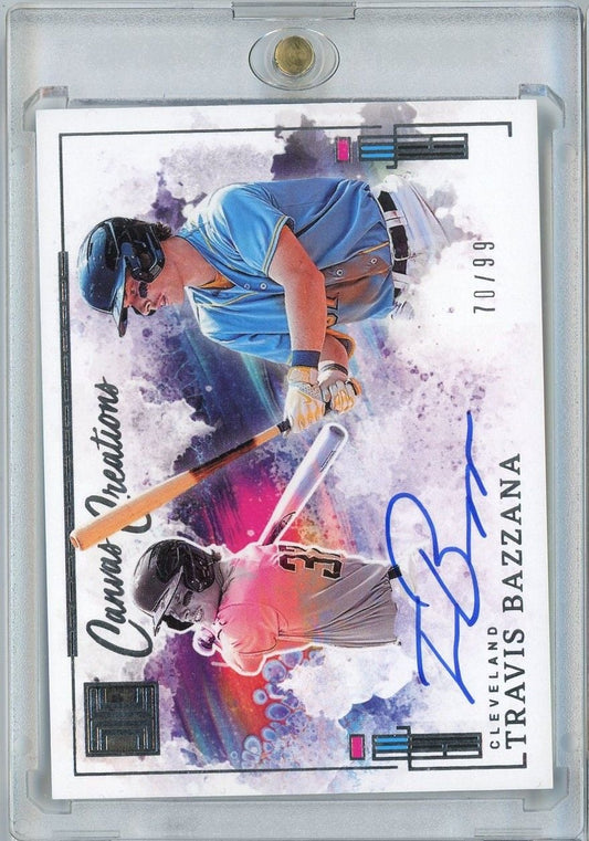 Signed baseball card featuring Travis Bazzana in blue uniform with bat, purple watercolor background, numbered 70/99.
