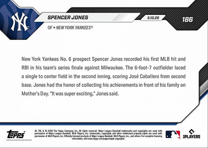 2026 Topps Now Spencer Jones #186 Yankees Number 6 Prospect Logs 1st MLB Hit and RBI New York Yankees Rookie RC Baseball Card