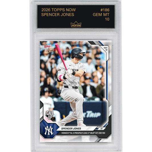 Graded baseball card in clear plastic case displaying Spencer Jones batting photo with pink bat, Yankees uniform, and HOFSM 10 Gem Mint label at top.