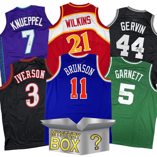 Six autographed basketball jerseys in purple, black, red, blue, and green displayed around a silver mystery box with question mark.