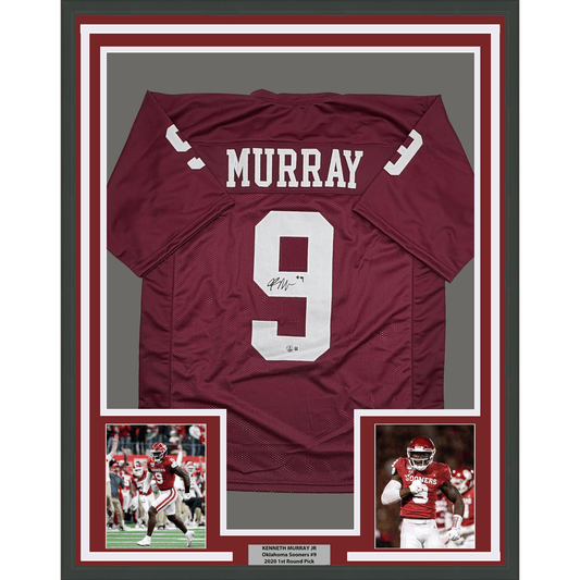 Framed maroon Oklahoma Sooners #9 signed jersey with white lettering displayed with two accompanying photographs and nameplate.