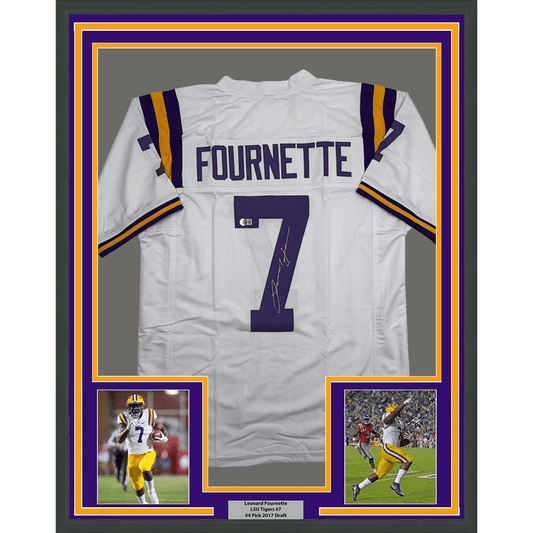 White LSU Tigers #7 Fournette jersey displayed in frame with purple and gold borders, flanked by two action photos.
