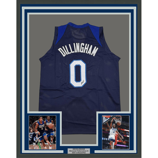 Dark blue Minnesota Timberwolves basketball jersey number 0 with "DILLINGHAM" nameplate, displayed in frame with two action photos and nameplate below.