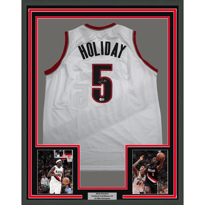 Framed Autographed/Signed Jrue Holiday 35x39 Portland White Basketball Jersey Beckett BAS COA