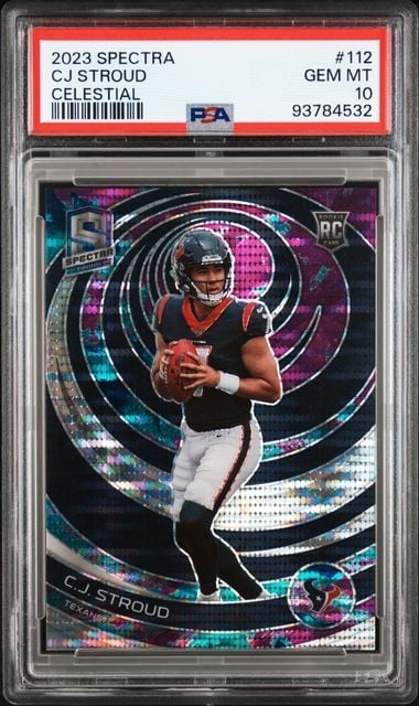 PSA-graded rookie card displaying CJ Stroud in red jersey against purple holographic swirl background with blue accents.