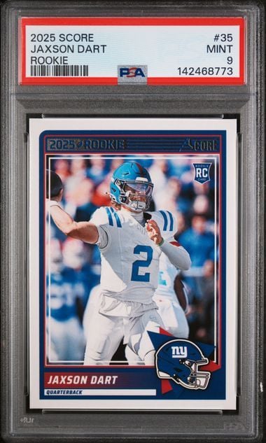 PSA-graded Jaxson Dart rookie football card in clear case showing front with player photo, blue uniform, and red Score branding.