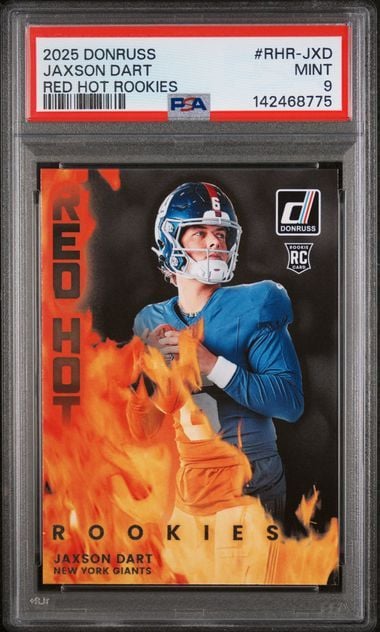 Front of graded 2025 Donruss Jaxson Dart Red Hot Rookies football card showing player in blue Giants uniform surrounded by orange flames.