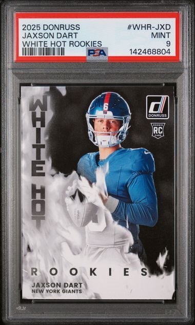 PSA-graded rookie football card featuring Jaxson Dart in blue Giants uniform with white hot design elements and red grading label.