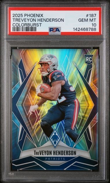 Graded trading card in PSA case showing TreVeyon Henderson in Patriots uniform against vibrant yellow and blue geometric background.