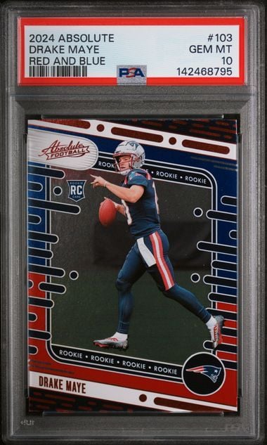 Graded rookie card in PSA holder showing Drake Maye in blue Patriots uniform throwing football against red and blue geometric background.