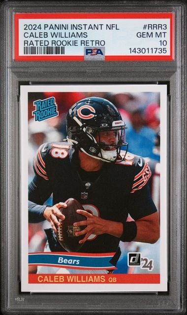 PSA-graded 2024 Panini Instant NFL Caleb Williams rookie card in protective slab showing player in Bears uniform holding football.