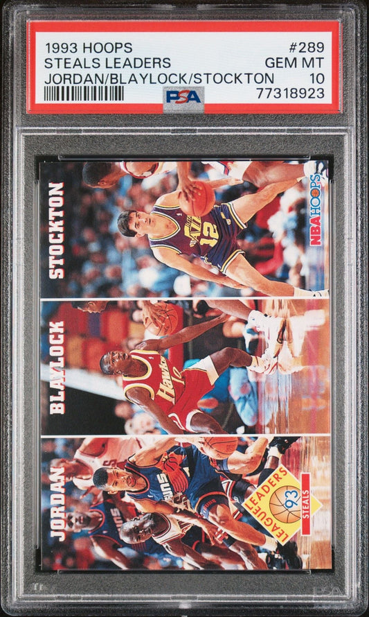 Front of graded 1993 Hoops basketball card in clear PSA case showing Jordan, Blaylock, and Stockton in action photos with red border and NBA Hoops logo.
